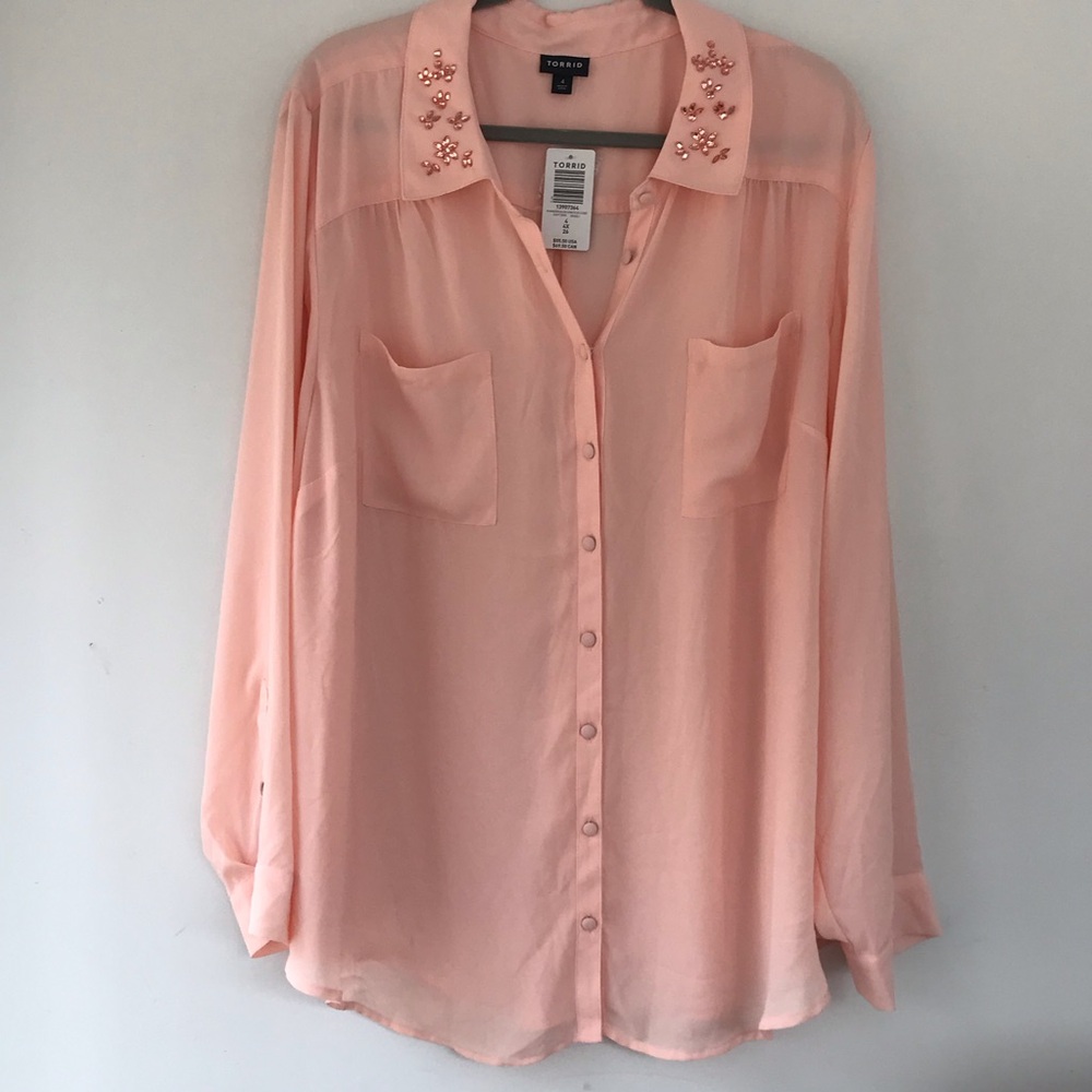 Torrid peach sheer blouse gem stone collar size 4X